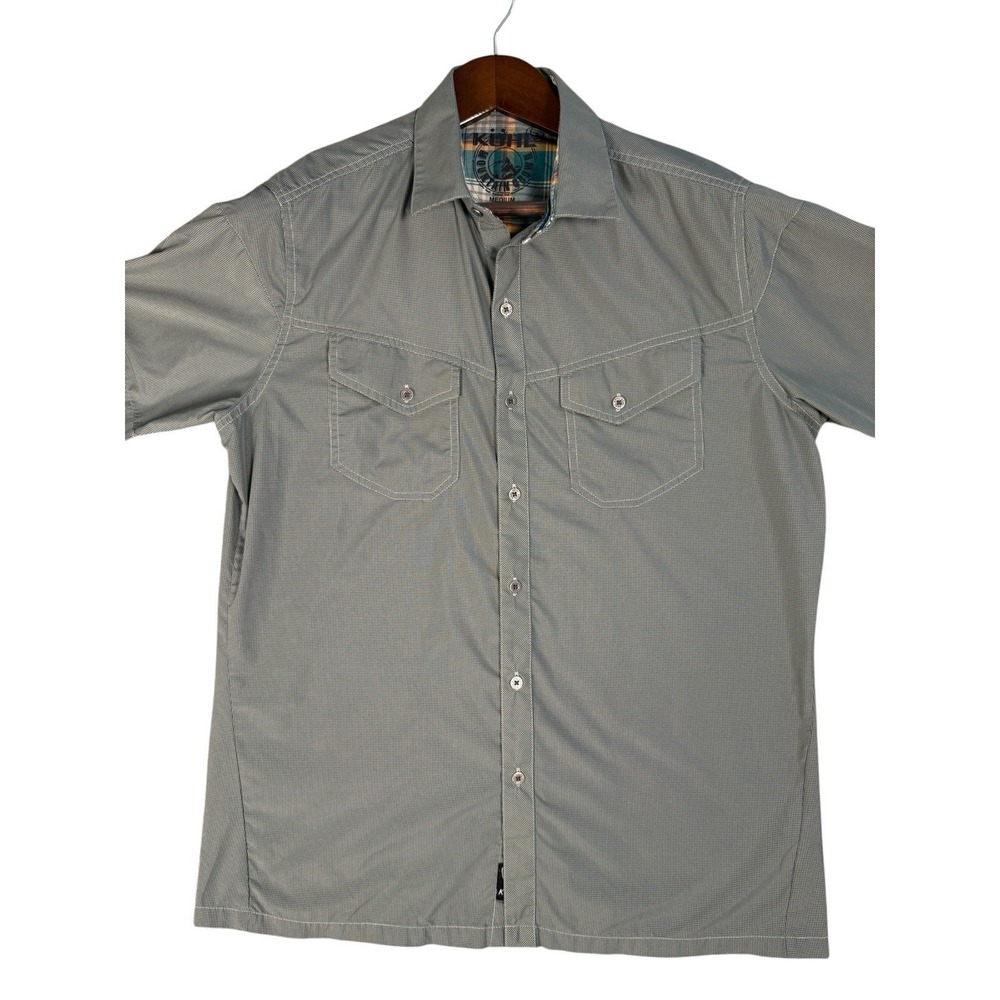 KUHL Eluxur Men Collar Shirt Medium 2 Pockets Hiking Gray Short Sleeve Button Up